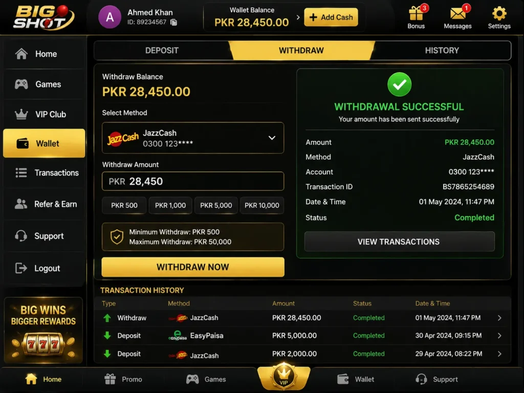 HF786 Game wallet dashboard showing withdrawal request screen with JazzCash payment method and transaction history